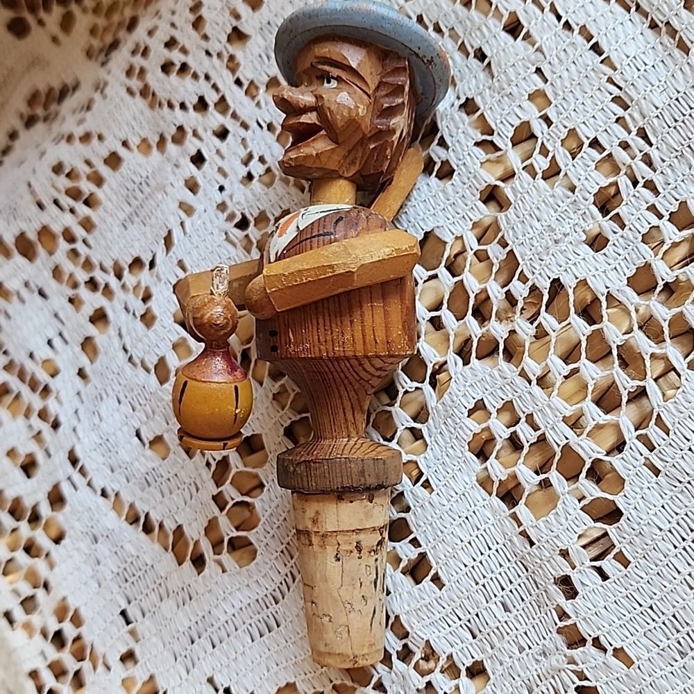 Vintage ANRI Carved Wood Wine Bottle Stopper Made In Italy